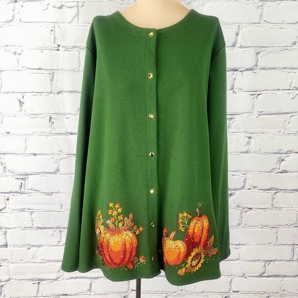 Quacker Factory Cardigan Womens XL Fall Pumpkin Embroidered Beaded Snap Knit - Picture 1 of 10